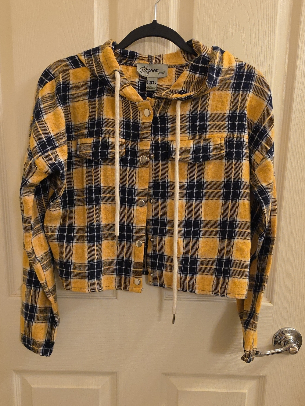 Spoon Jeans Yellow & Navy Plaid Hooded Button-Front Shirt Jacket